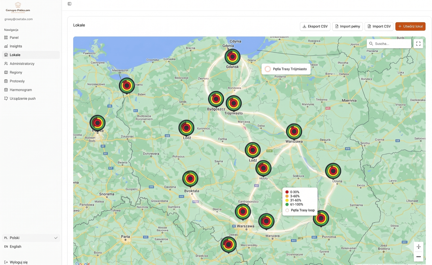 Exponata platform showing locations across the country on a live map